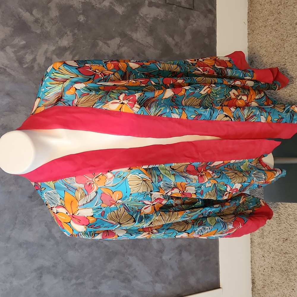 Marsh Landing Pink & Blue Floral Print Silk Bathing Suit Coverup Sz LXL
